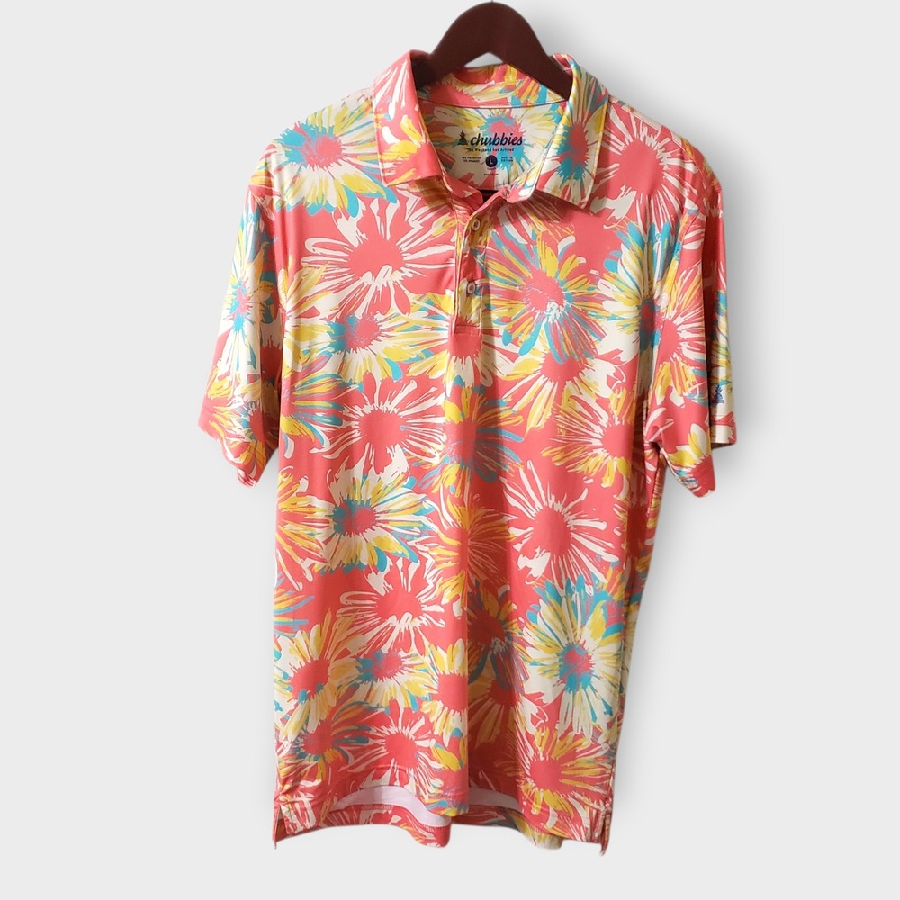 Chubbies The P.I. Performance Golf Polo Shirt Coral Floral Sz Large Tropical